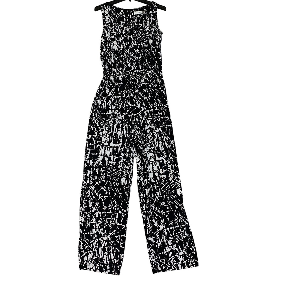 Calvin Klein Women's 8 Black White Abstract Print Sleeveless Jumpsuit Stretch
